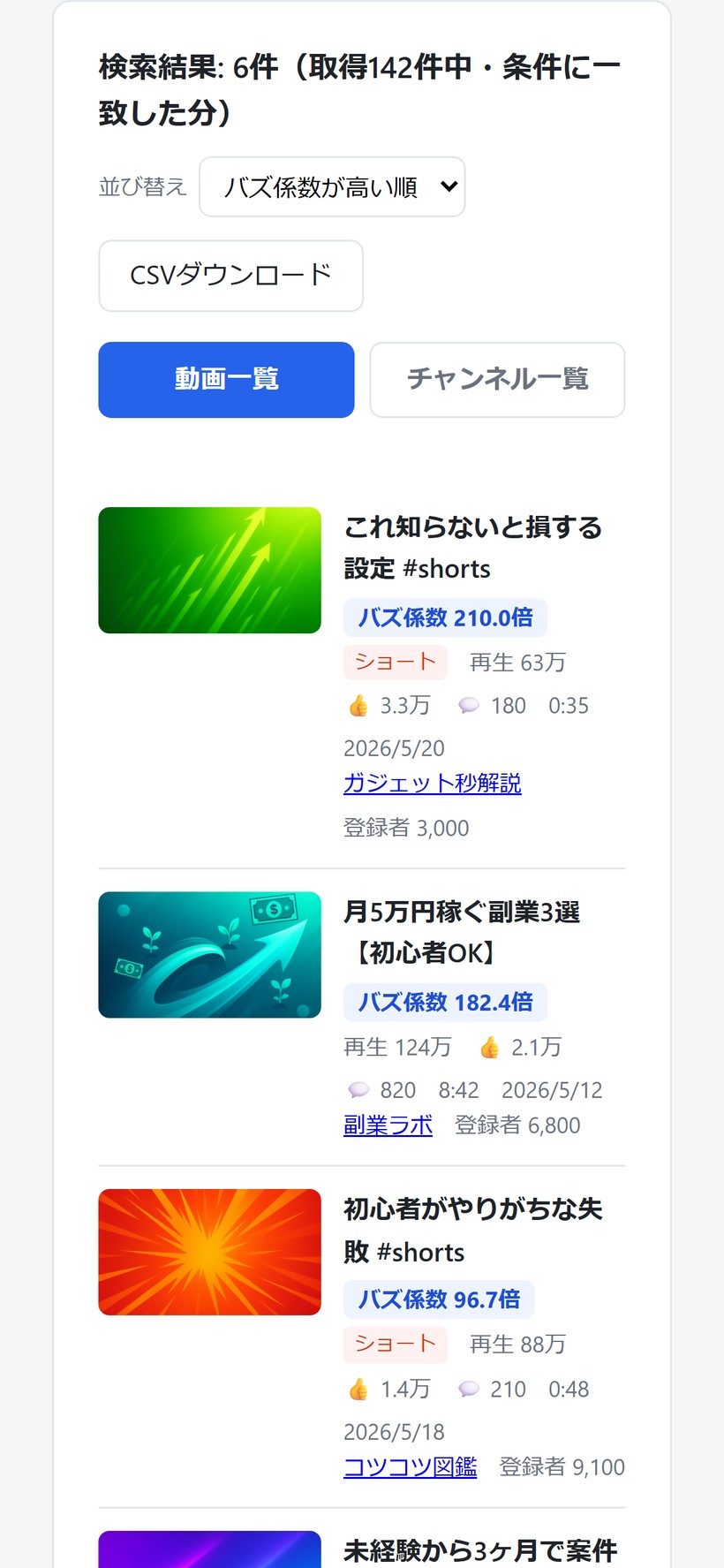 スマホでの検索結果。サムネ付きで再生数・いいね・コメント・登録者・バズ係数をまとめて比較